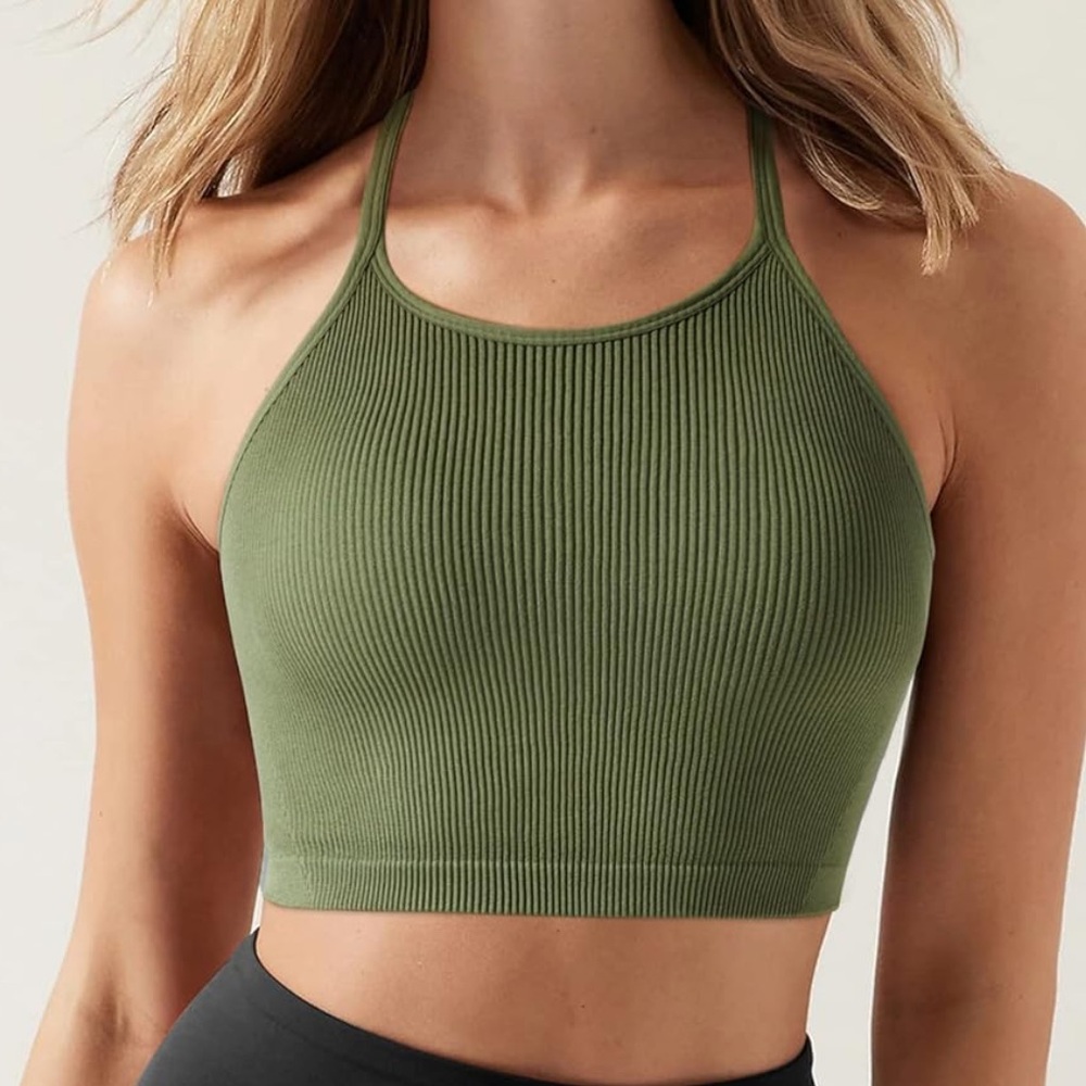Olive Green Ribbed Sports Bra